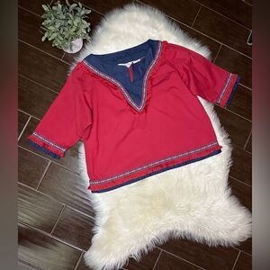 Victoria Jones Women Red/denim fringe linen blouse sz 2X